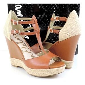 Women's Sam Edelman Katarina Espadrille Wedge T-Strap Sandals Saddle Tan Size 10